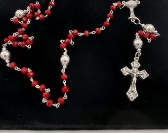 Deep Red Crystal First Communion Rosary – Chalice Centerpiece, Pardon Crucifix