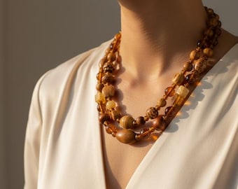 Vintage Layered Amber & Wood Mixed Material Statement Necklace