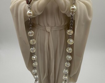Handcrafted Catholic Rosary – Clear Crystal, Faux Pearl, St. Benedict Crucifix, Sacred Heart