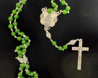 Handmade Green Rosary - Catholic Prayer Beads with Silver Madonna Centerpiece