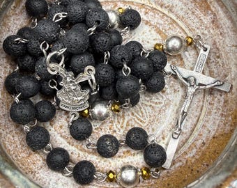 Black Lava Stone Rosary, Silver Crucifix, Gold Crystal Accents, Handmade Catholic Prayer Beads