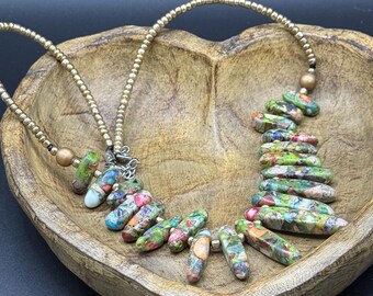 Boho Mosaic Stone Bib Necklace | Earthy Green Jasper Chip Statement Jewelry