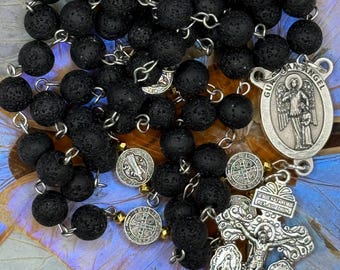 Rosario de roca volcánica, Ángel de la Guarda, Crucifijo de San Benito, Cuentas de oración católicas