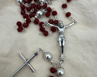 Handmade Catholic Rosary Crucifix | Silver Tone Cross, Red Accent Bead, Devotional Jewelry