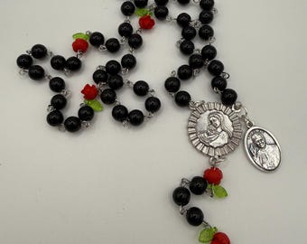 Black Rosary, Red Rose Accents, Madonna & Child, St. Pope Leo Medal
