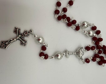 Title: First Communion Red Crystal Rosary - Chalice Centerpiece and Pardon Crucifix