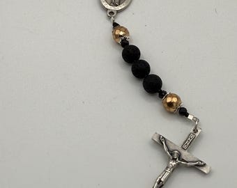 Men's Lava Rock Rosary - Silver Guardian Angel & INRI Crucifix - Essential Oil Diffuser Rosary