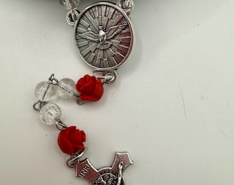 Clear Crackle Glass Rosary, Red Rose Beads, Holy Spirit Center, St. Benedict Crucifix