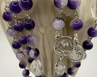Purple Cracked Glass Rosary with Clear Quartz, Blessed Mother & St. Pope Leo Medal