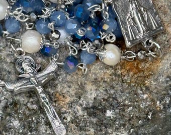 Blue Crystal Rosary, Cream Pearl Our Father Beads, Marian Centerpiece, Silver-Tone Wire Wrap