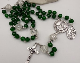 Handmade Green Rosary with Crackle Glass Beads, Miraculous Medal & Crucifix