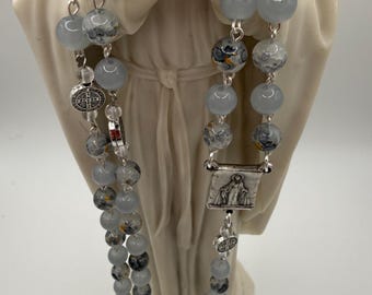 Gray Glass Rosary, Miraculous Medal, St. Benedict Accents, Silver Crucifix