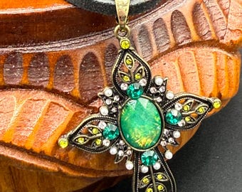 Ornate Green Opal Cross Necklace, Vintage Style Bronze Pendant, Celtic Religious Statement Piece