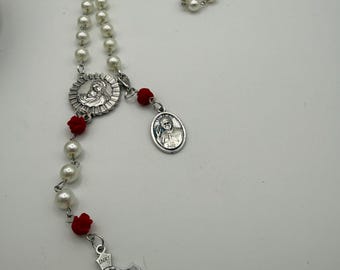 Pearl Like and Red Rose Handmade Rosary Catholic with Madonna Center & Crucifix Gift