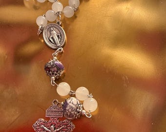 White Stone Rosary with Silver-Capped Accent Marble “Our Father” Beads.