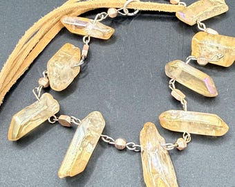 Raw Champagne Aura Quartz Point Necklace, Boho Suede Crystal Statement Jewelry