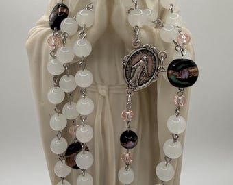 Unique and One of a Kind Rosary With Black Beads and Pink Roses.
