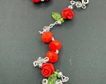 Red Crystal Rosary with Rose Beads - Handmade Devotional Gift