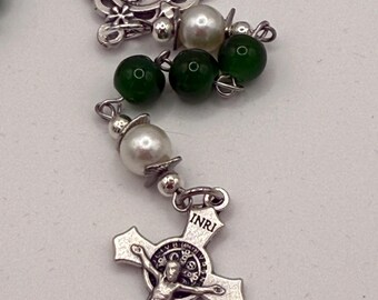 Handmade Green Rosary - Catholic Prayer Beads with Silver Madonna Centerpiece