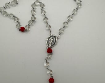 Clear Glass Rosary, Red Rose Beads, Miraculous Medal