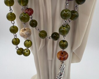 Handmade Green Rosary-Olive Beads with Agate Accents, Silver Miraculous Medal Center and Pardon Crucifix