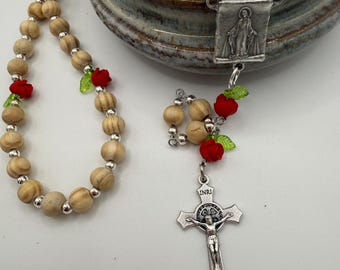 Wooden Rosary, Silver-toned Spacers, Red Rose  “Our Father Beads”