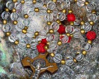Handcrafted Crystal Rosary with Red Rose Beads and Wooden INRI Crucifix