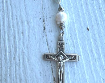 Handmade Amazonite Rosary with Freshwater Pearl Accents - Catholic Rosary Beads - Miraculous Medal