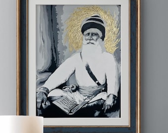 Baba Deep Singh Ji Sikh Painting | Gold Halo, Monochrome Canvas Art