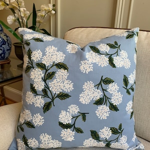 Rifle Paper Co - Cornflower Blue Hydrangea pillow cover - lightweight Cotton / Accent pillow / Zipper