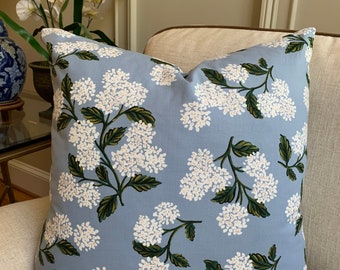 Rifle Paper Co - Light Blue Hydrangea pillow cover - lightweight Cotton / Accent pillow / Zipper