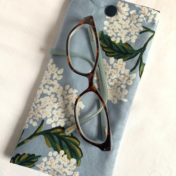 Eyeglass cover Rifle Paper Co -  Earplug Case - sunglasses case - padded eyeglasses - fabric eyeglass case - hydrangea - KAM Snap