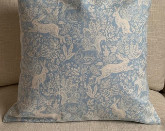 Rifle Paper Co Wildwood Fable Light blue and cream bunny pillow cover - lightweight Cotton / Accent pillow - Decorative pillow - Zipper