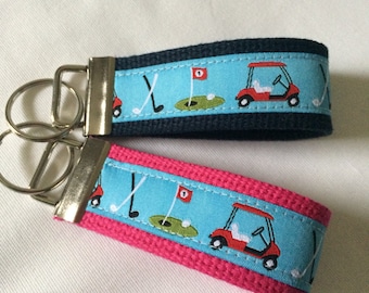 Golf keychain - Golf tournament gifts - 2 Sizes (Woven jacquard blue golf ribbon)