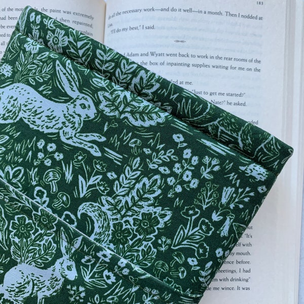 Rifle Paper Co Book sleeve, Padded Book sleeve, Wildwood Rabbit Green, Bookish gift - Optional Pocket - NO button - open Top