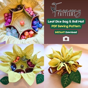 May include: A light green leaf-shaped dice bag and roll mat, filled with colourful dice. The bag has a leaf design and is made of fabric. The image also includes the text "Leaf Dice Bag & Roll Mat PDF Sewing Pattern INSTANT Download."