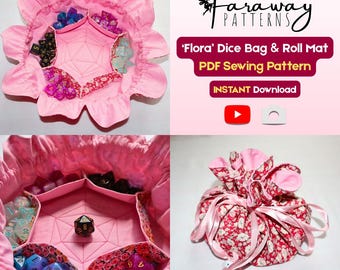 Modello per borsa da cucito con dadi a forma di fiore / Tappetino da gioco D&D con tasche (modello PDF)