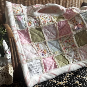 Handmade rag quilted Baby car seat poncho/stroller cover. Floral and bunny fabric. Christian baby gift. Baby shower gift.