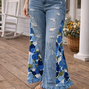 Repurposed distressed  jeans with side patchwork, size 9