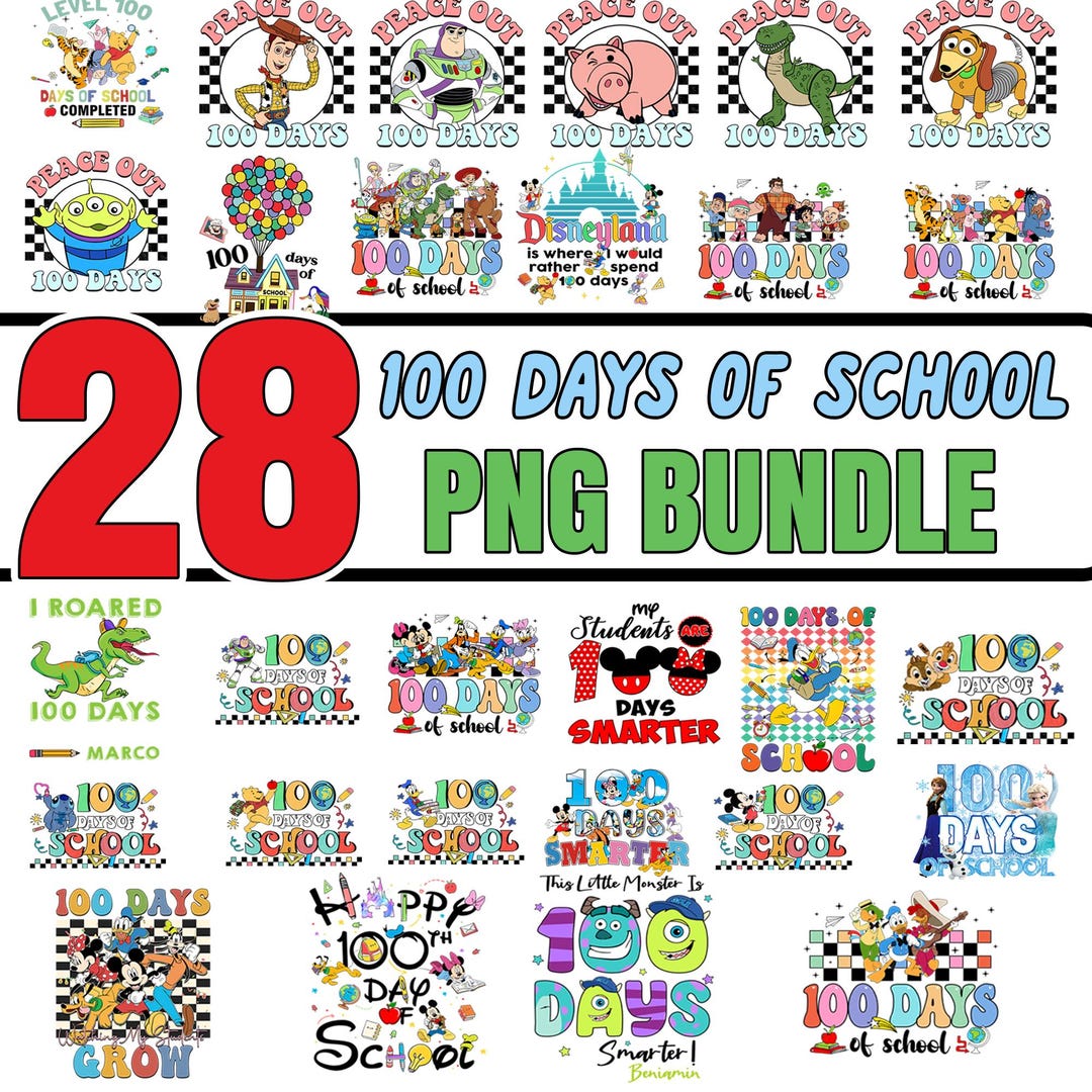 100 Days of School Cartoon Png Bundle, 28 Kids School Shirt Designs ...