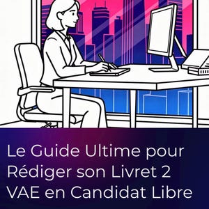 Peut inclure: Illustration d'une personne au bureau, avec un ordinateur, en train d'écrire. En arrière-plan, un paysage urbain aux teintes roses et bleues. Le texte en bas indique "Le Guide Ultime pour Rédiger son Livret 2 VAE en Candidat Libre."