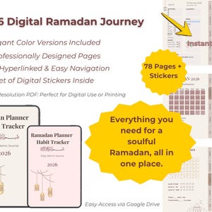 Könnte beinhalten: Digitaler Ramadan-Planer für 2026 mit zwei Farbversionen, 78 Seiten und digitalen Stickern. Enthält einfache Navigation und sofortigen Zugriff. Der Planer ist für die digitale Nutzung oder den Druck konzipiert.