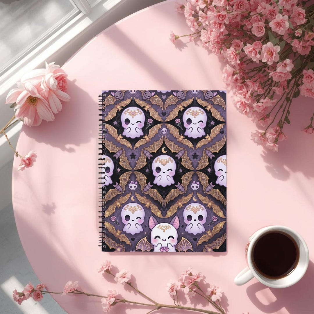 Bat Notebook Kawaii Goth Ghost Bat Notebook | Gold Spooky Journal, Slim 5.5x8.5 ...