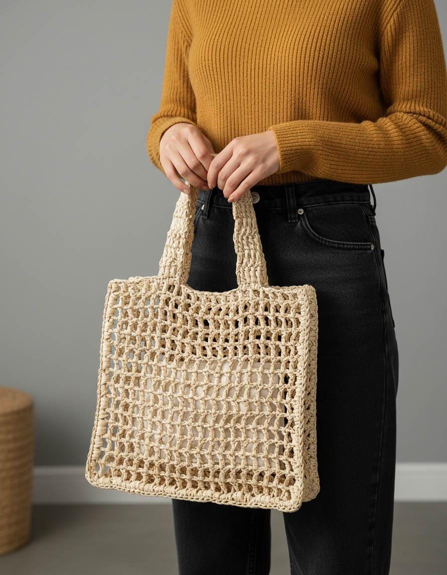 Square Design Handbag, Geometric Pattern Bag for Women, Straw Style Bag ...