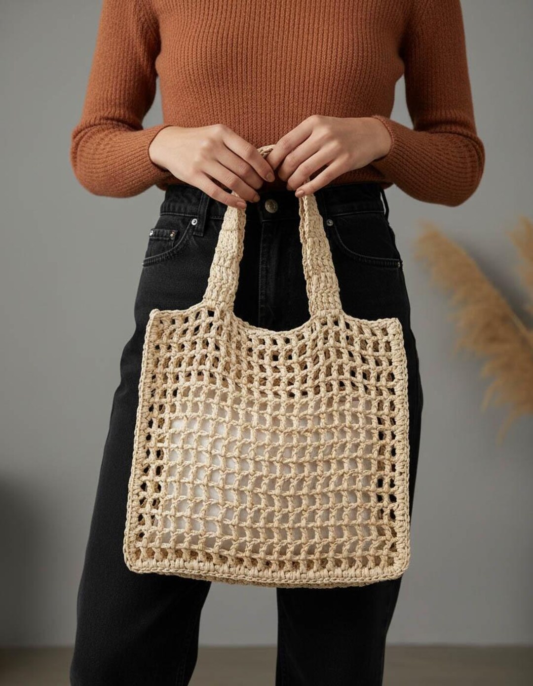 Square Design Handbag, Geometric Pattern Bag for Women, Straw Style Bag ...
