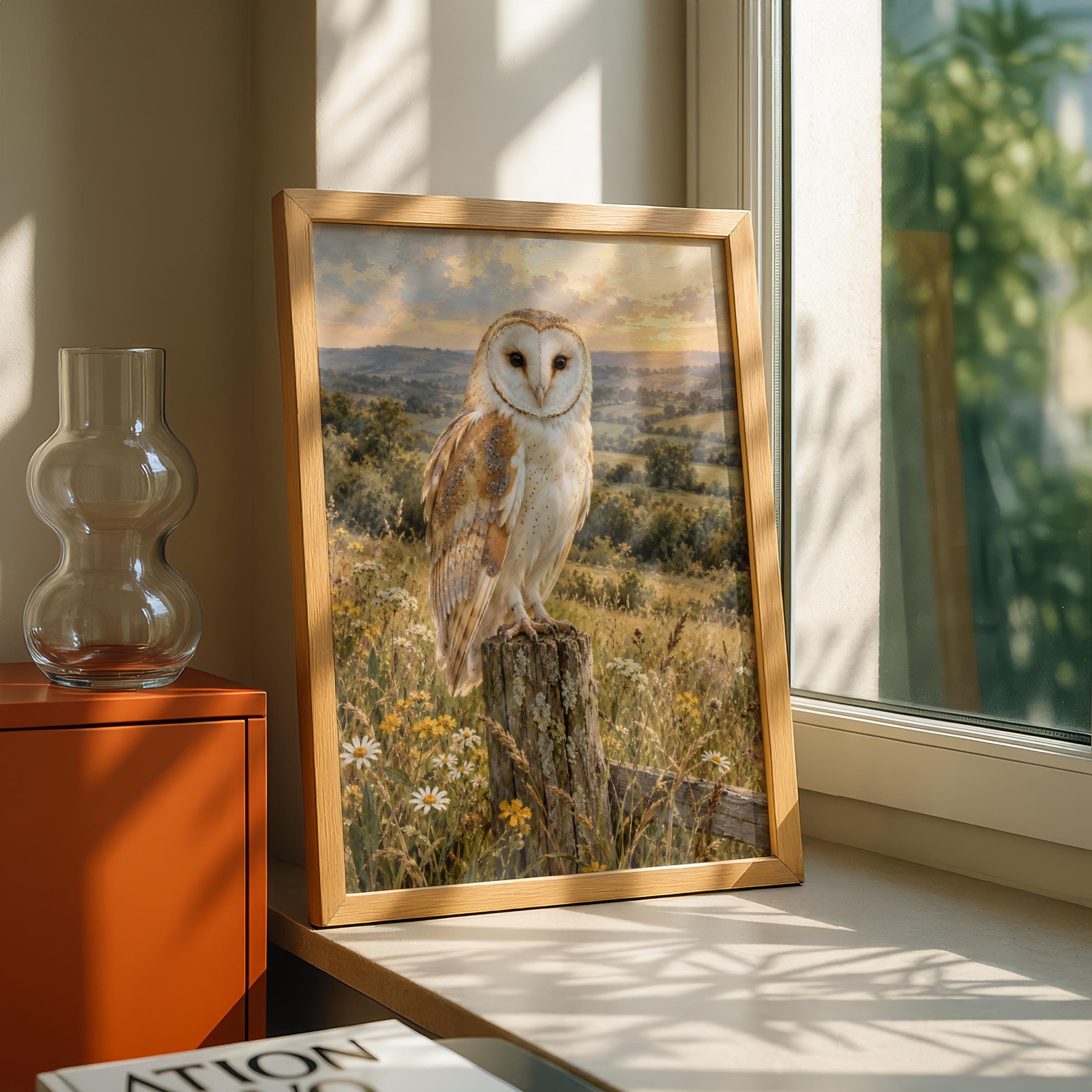Barn Owl English Meadow Poster, Wildlife Oil Painting Print, Countryside Wall Art