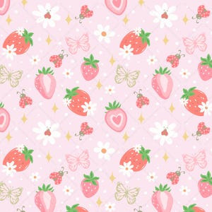 May include: A repeating pattern featuring strawberries, butterflies, ladybugs, daisies, and diamond-shaped sparkles on a light pink background. The strawberries are red and pink, some sliced to reveal a heart. Butterflies and ladybugs add to the whimsical design.