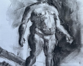 Original charcoal drawing, male figure drawing, male model drawing, dimensions (10x14 inches)