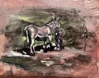 Peinture à l'huile originale, peinture d'âne, mère âne avec son bébé