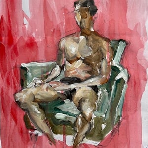 May include: Watercolor painting of a seated figure in a green armchair against a red background. The figure is rendered in shades of brown and white, with visible brushstrokes. The artwork has a loose, expressive style.